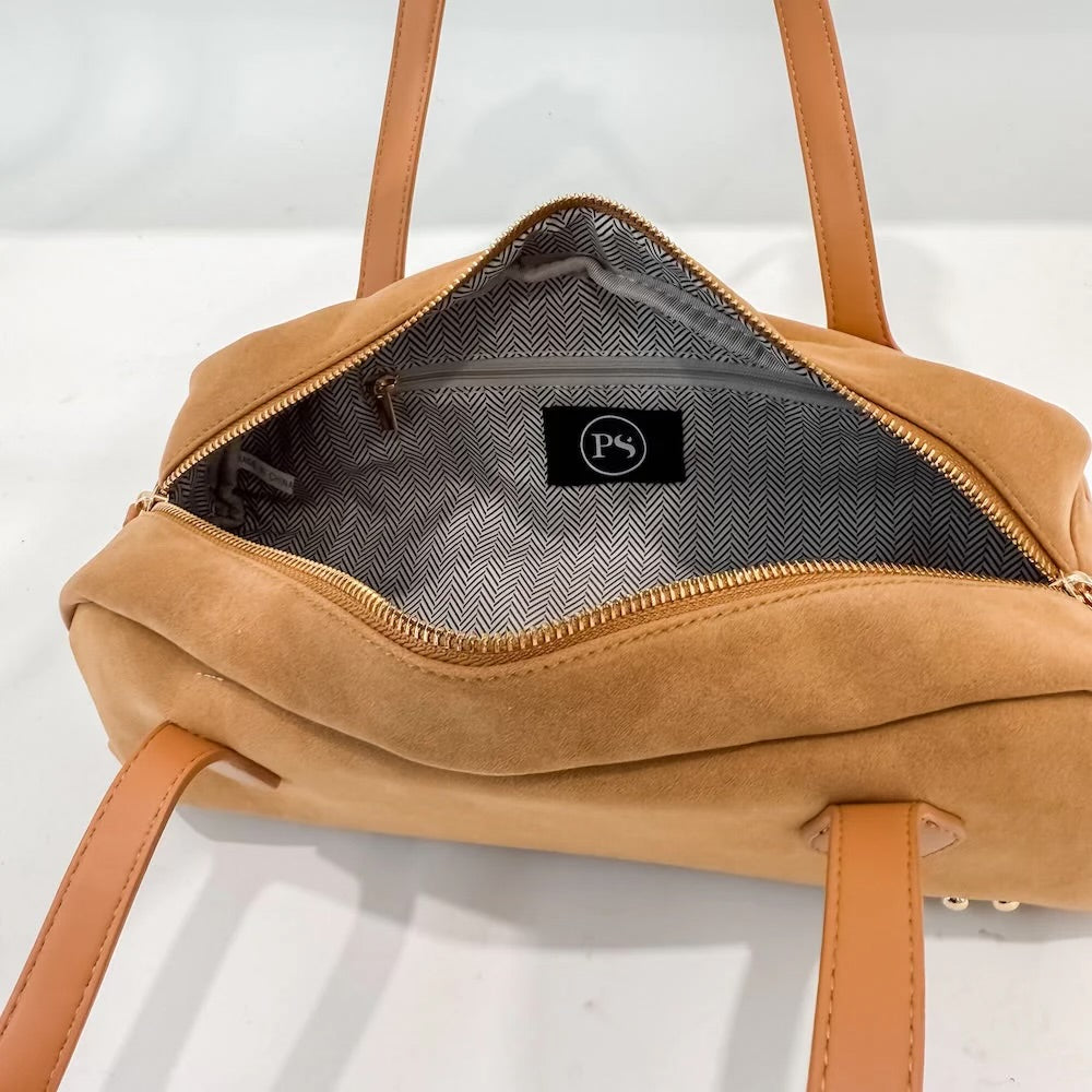 Pretty Simple Suede Barrel Shoulder Bag Camel