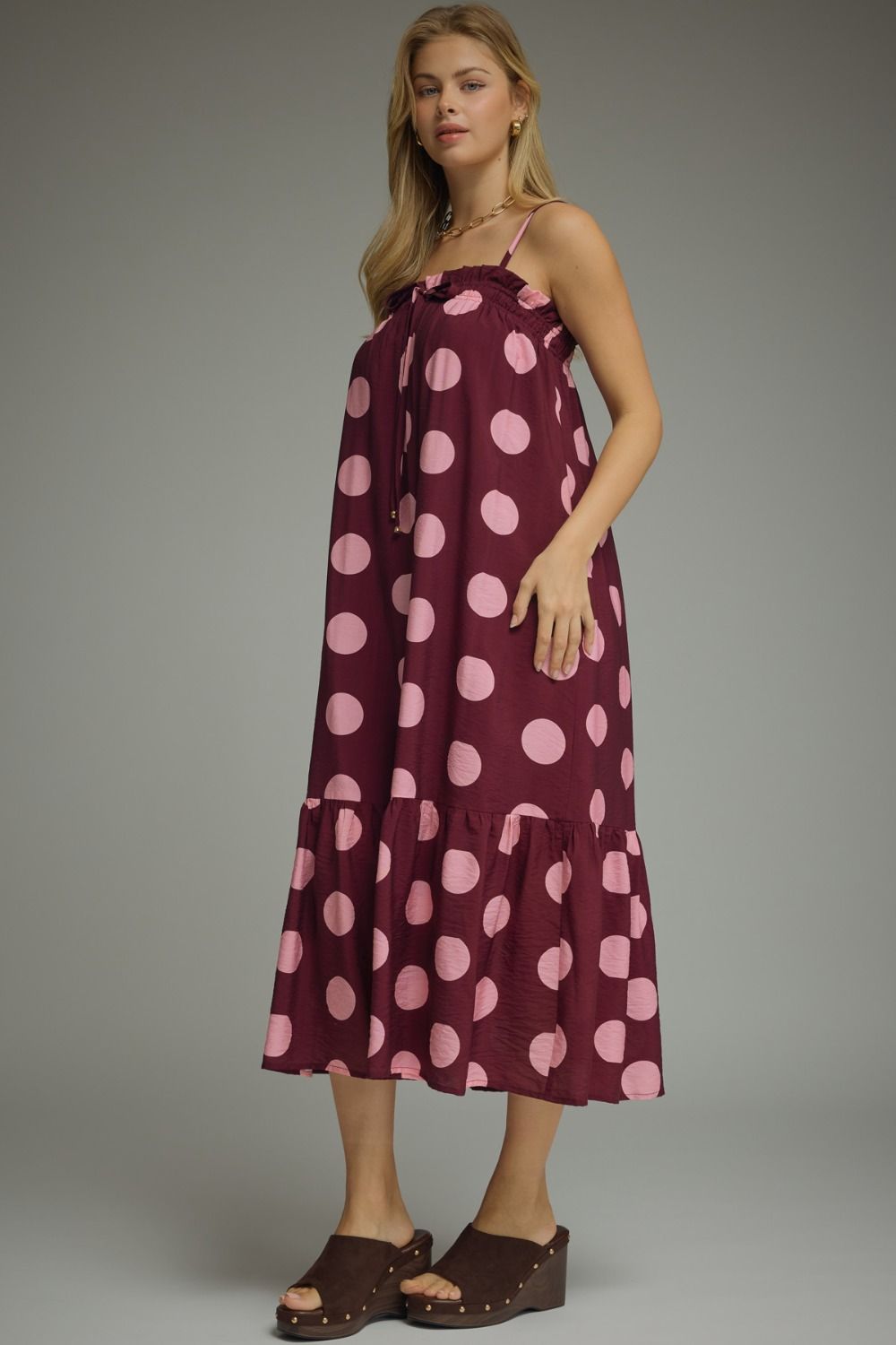 On The Dot Dress Burgundy/Pink