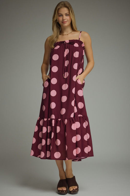 On The Dot Dress Burgundy/Pink
