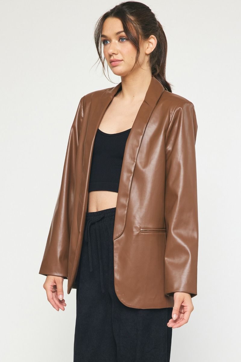 Feeling Fine Faux Leather Blazer Brown