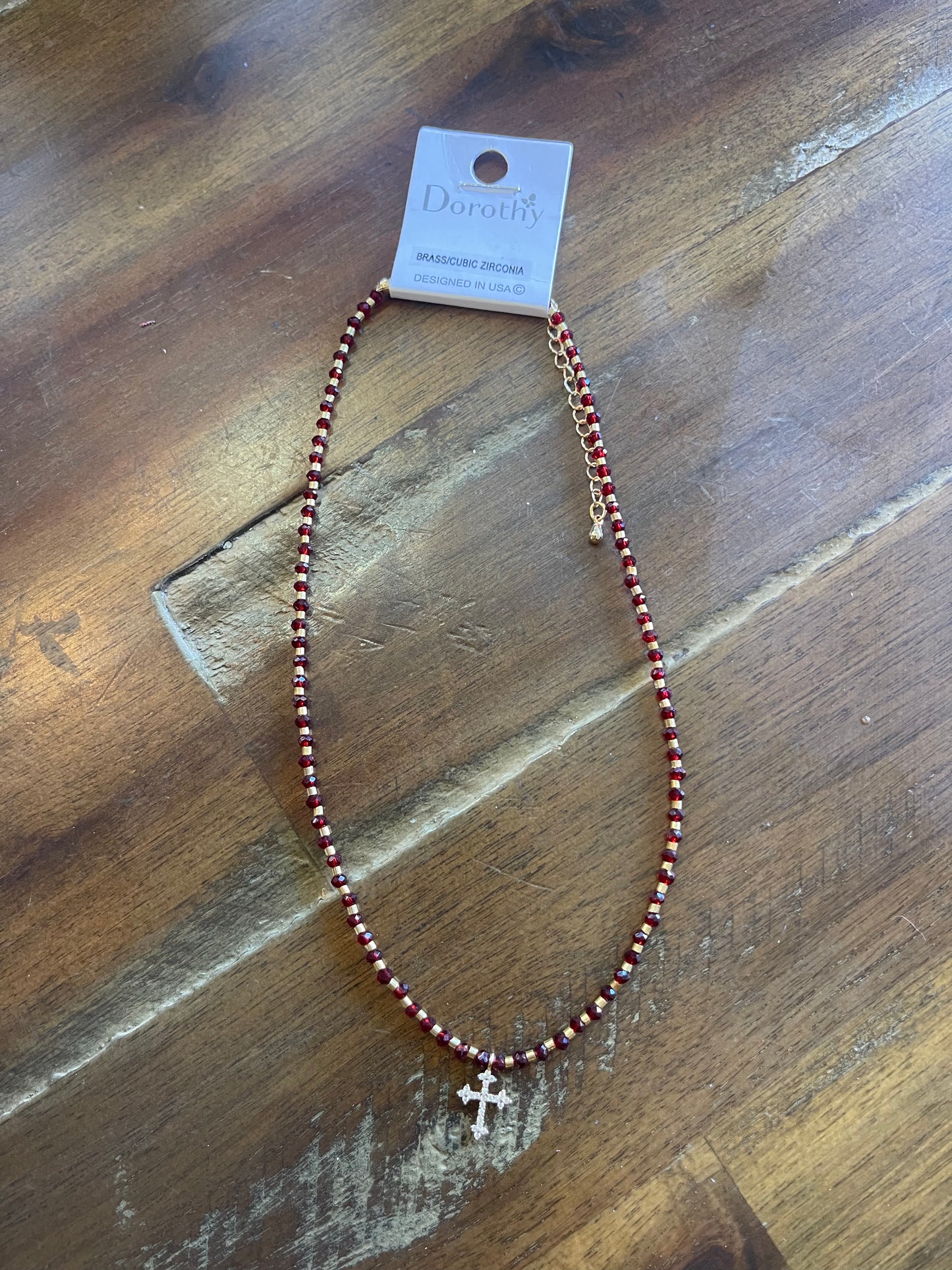 Wine Bead Cross Necklace