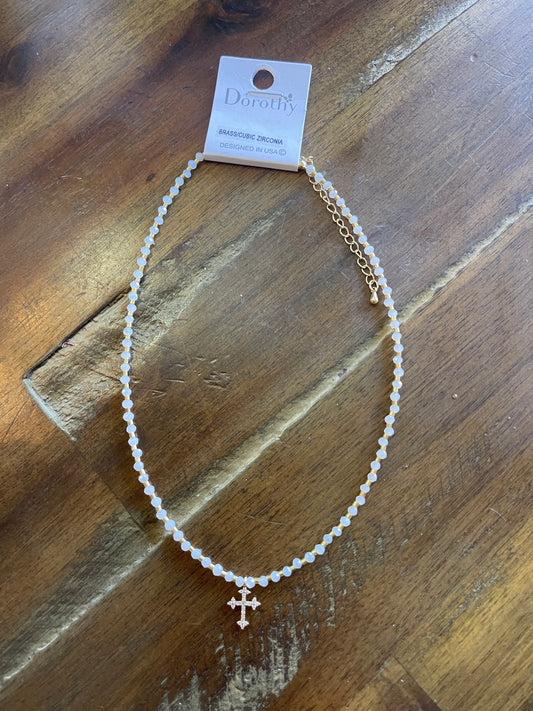 White Bead Cross Necklace