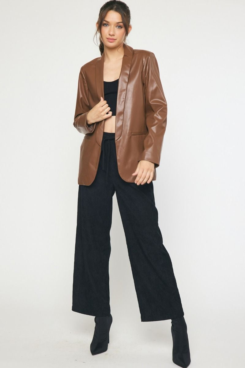 Feeling Fine Faux Leather Blazer Brown