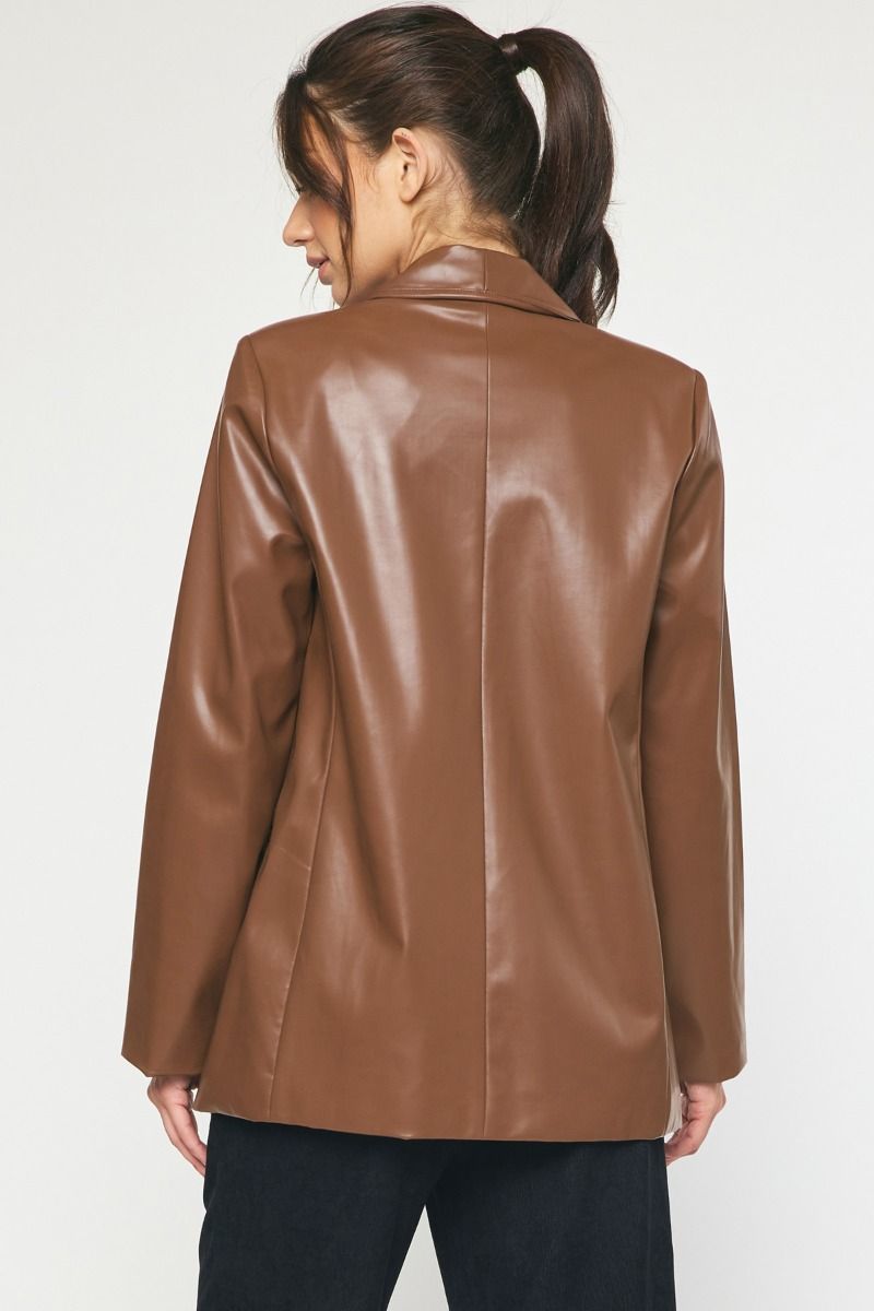 Feeling Fine Faux Leather Blazer Brown