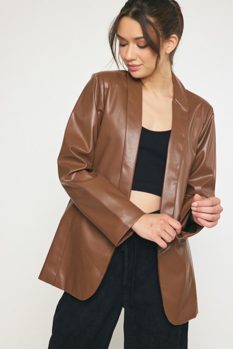 Feeling Fine Faux Leather Blazer Brown