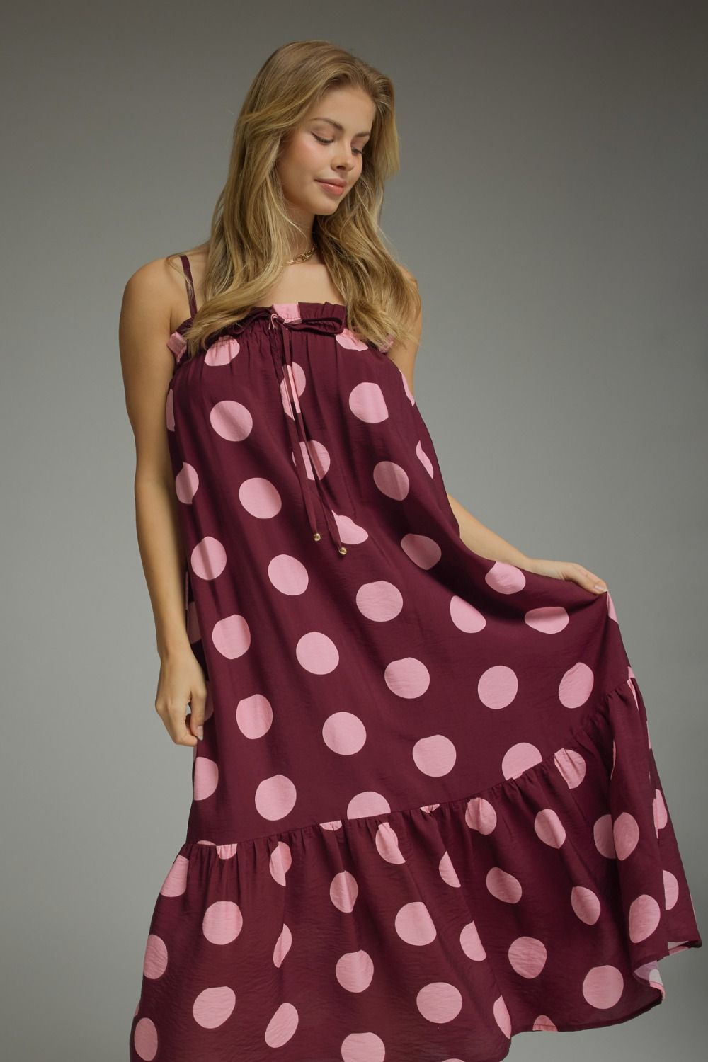 On The Dot Dress Burgundy/Pink