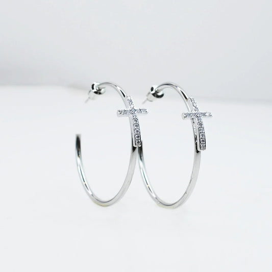 Silver Cross Grace Hoop Earrings