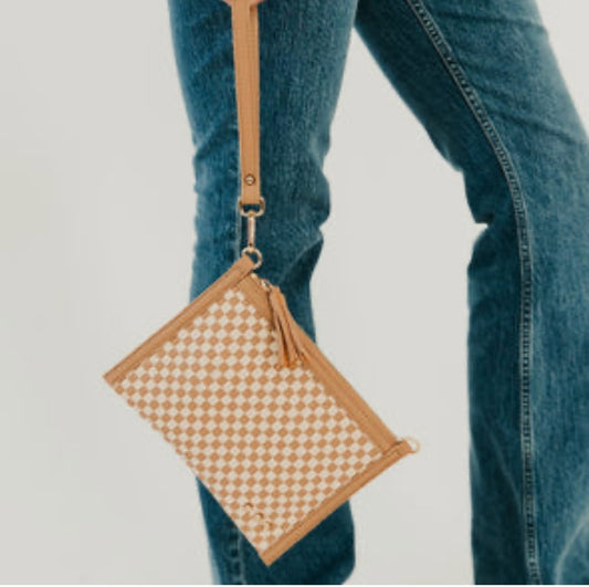 Pretty Simple Veda Woven Crossbody/Clutch Tan Checkered